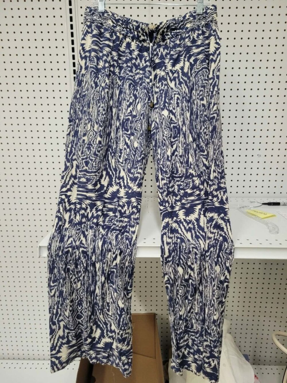 Blue & White Abstract Wide-Leg Pants Lightweight Boho Style Womens Medium